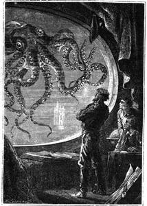 Grabado del Capitán Nemo viendo un calamar gigante desde un ojo de buey del submarino Nautilus, de ''20000 Lieues Sous les Mers'' de Jules Verne