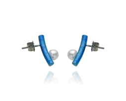 Pendientes de poste de barra corta curvada de titanio azul con perlas - Colección Nautilus de Decimononic